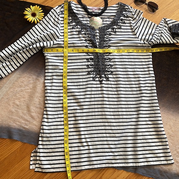 🌺 CALYPSO ST. BARTH; Luxury, Embroidered, Black/White Striped Beach Cover-Up L! - Picture 6 of 12